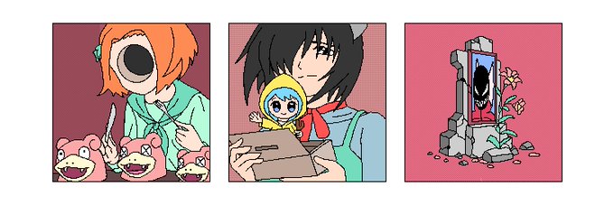 This post shows a tired artist complaining about the time-consuming process of hand-coloring banner art, with each character shown in a different art style—the orange-haired girl with teddy bears, the dark-haired girl holding a yellow-hooded figure, and a mysterious shrine with a silhouetted character—highlighting the custom detail and effort required for each piece.