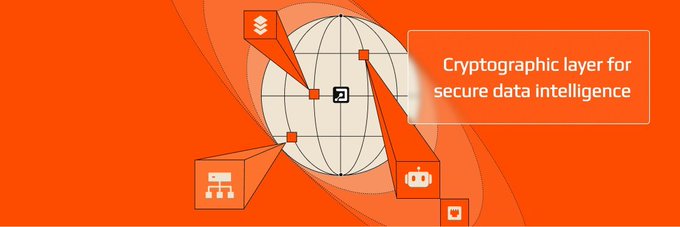 An orange and white graphic featuring a wireframe globe with icons, accompanied by the text 'Cryptographic layer for secure data intelligence' in a callout box.