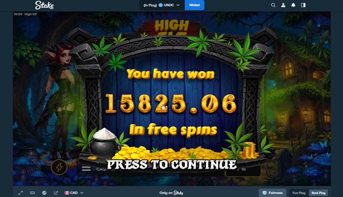 A screenshot from Stake casino showing a winning screen for the "High Elf" slot game, displaying a win of $15,825.06 in free spins, matching the post's claim of turning a 0.60c bet into a $15,825.06 payout.