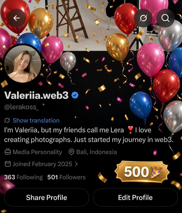 The image shows a celebratory screenshot of Valeriia.web3's (@lerakoss_) X/Twitter profile decorated with balloons and confetti, highlighting her achievement of reaching **500 followers** (a golden "500" badge is displayed). Her bio reads "I'm Valeriia, but my friends call me Lera ❤️ I love creating photographs. Just started my journey in web3," and she's based in Bali, Indonesia. The post celebrates this milestone, with her asking the community how long it will take to reach 1,000 followers.