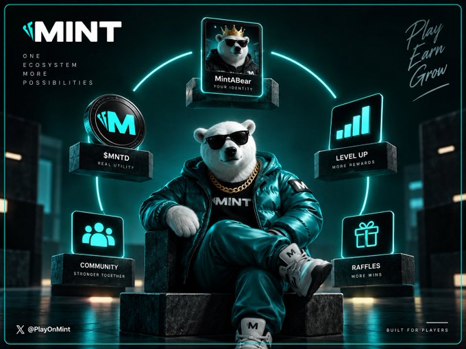 A promotional graphic for 'MINT' cryptocurrency featuring a bear mascot in sunglasses, highlighting features like MintABear NFT, $MNTD token, Community, Level Up, and Raffles.