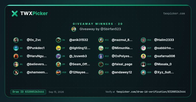 A screenshot from twxpicker.com showing the 20 winners of a giveaway by @sbirfan523, with usernames listed on a dark green background (Draw ID 832085263444, Sep 15, 2026).