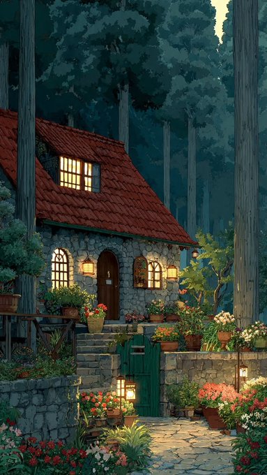 A digital artwork depicts a stone cottage with a red roof at night, surrounded by a garden of flowers and lit by lanterns.