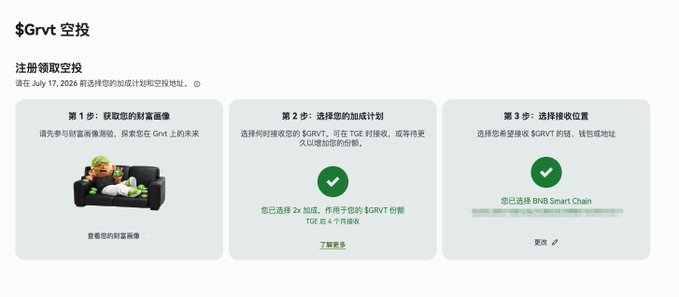 A web interface in Chinese for claiming a $Grvt airdrop, with three completed steps: getting wealth image, selecting receiving address, and selecting wallet, with a registration deadline noted as July 17, 2026.