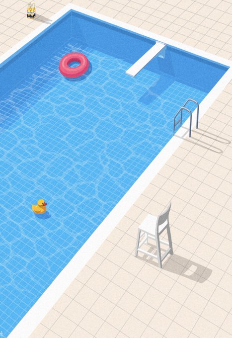 An isometric illustration of a blue swimming pool with a red inner tube, a yellow rubber duck, a lifeguard chair, and a ladder, set on a tiled patio.