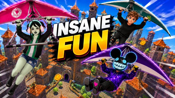 The image features an advertisement for a video game called "Insane Fun" with two people wearing masks flying through the air above a castle-like cityscape. The text at the bottom of the image reads, "Here's the new gig that I have said beforeeee! It'S been 2 weeks since I've been part of the @decentraland as one of their OFFICIAL Streamers As a gamer and a content creator, this is a big leap for me Thanks to my friends who vouched for me, I'M NOT mentioning them just in".