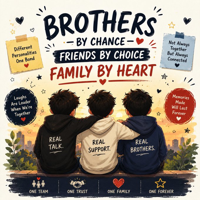 An illustration featuring three boys with their arms around each other wearing hoodies labeled 'REAL TALK.', 'REAL SUPPORT.', and 'REAL BROTHERS.', with text reading 'BROTHERS BY CHANCE FRIENDS BY CHOICE FAMILY BY HEART.'