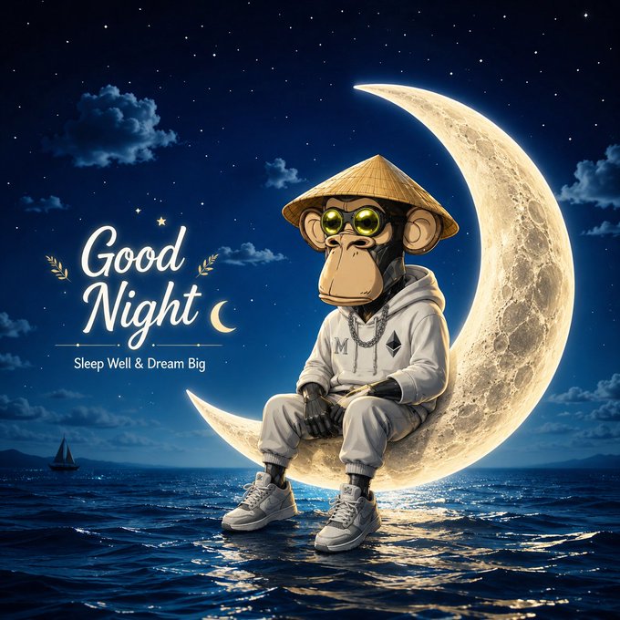 A digital artwork showing a monkey character wearing a straw hat and white hoodie sitting on a crescent moon over the ocean, accompanied by the text 'Good Night' and 'Sleep Well & Dream Big'.