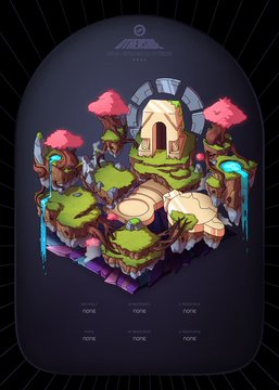 A digital illustration of a stylized, floating island featuring a small building, stone bridges, waterfalls, and pink trees. The words 'none' appear multiple times beneath the image, and an unreadable logo is at the top.