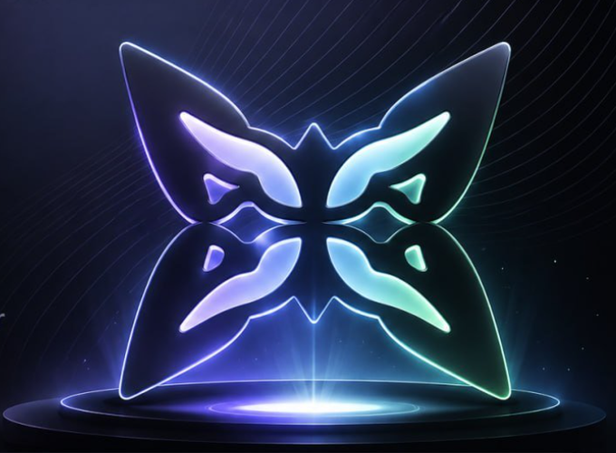 A glowing neon butterfly or floral emblem with blue and green light on a dark background, displayed on a circular platform.