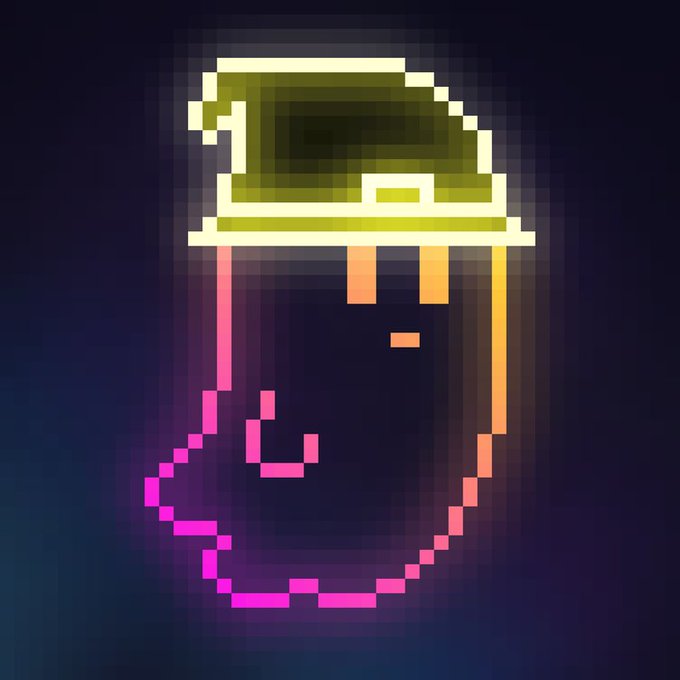 A pixel art illustration of a yellow and pink liquid or paint container dripping onto a dark blue background.