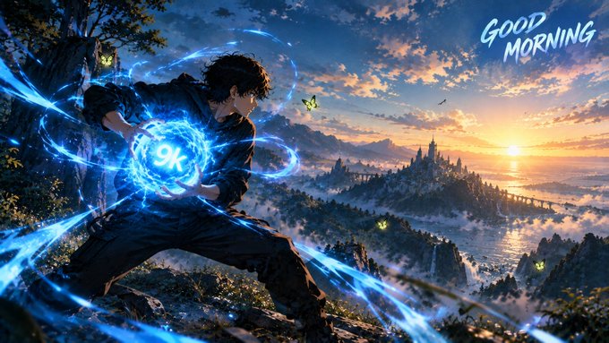 An anime-style illustration of a young man wielding glowing blue energy with '9K' on it, set against a fantasy landscape with a castle and the text 'GOOD MORNING' in the sky.