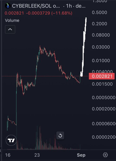 A cryptocurrency trading chart on TradingView for the CYBERLEEK/SOL pair showing a price of 0.002821 with an 11.68% decrease.