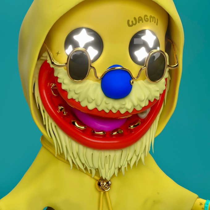 A 3D-rendered character of a clown-like figure wearing a yellow hoodie with "WAGMI" tattooed on the forehead, star-shaped glowing eyes behind small round sunglasses, a blue clown nose, and a wide red toothy grin with a beard.