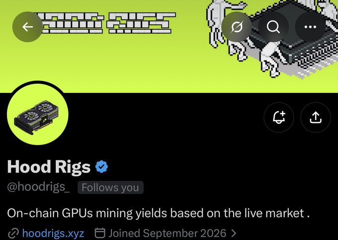 This image shows the Twitter/X profile page for "Hood Rigs" (@hoodrigs_), a verified account with the bio "On-chain GPUs mining yields based on the live market" and a link to hoodrigs.xyz, set against a lime green background with pixel art graphics.

The profile relates to the post, which references "getting rugged" (a crypto scam) and moving on to the next opportunity, suggesting Hood Rigs was likely a crypto mining project that allegedly scammed its users before the account holder deactivated.