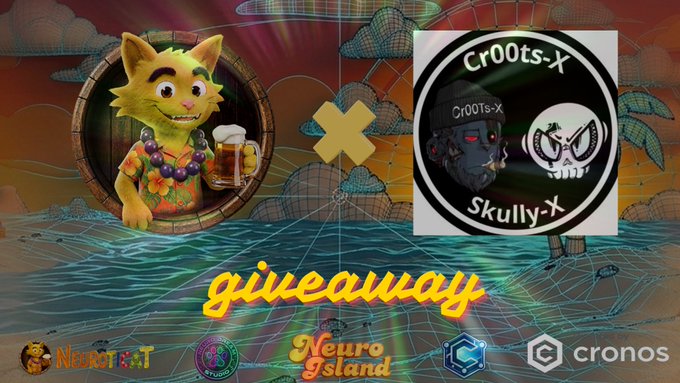 A promotional giveaway graphic featuring a yellow cat character holding a beer mug alongside NFT collections 'CrOOts-X' and 'Skully-X', with branding for NeuroTreat, Neuro Island, and Cronos at the bottom.