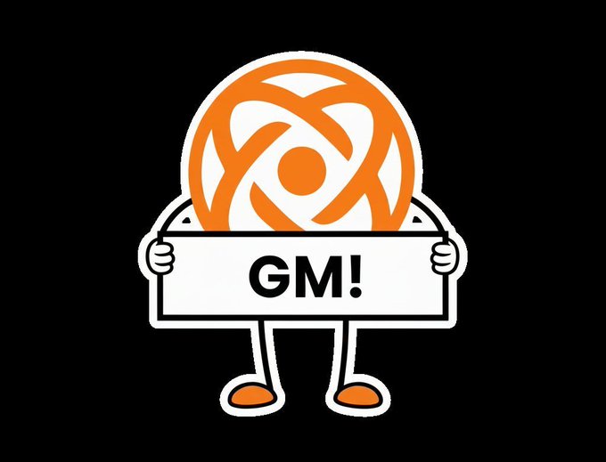 Black background cartoon graphic featuring an orange circular character with an 'X' pattern holding a white sign that reads 'GM!' with small legs and shoes.