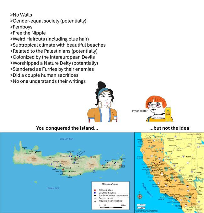 An informational graphic listing characteristics of Minoan civilization (No Walls, Free the Nipple, Femboys, etc.) with cartoon characters and a map of Minoan Crete showing palace sites and sacred caves.