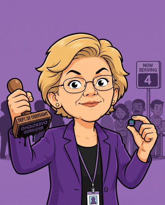 A cartoon illustration of a blonde woman in a purple blazer holding a 'Dept. of Oversight' stamp and a coin, with a 'Now Serving 4' sign in the background.