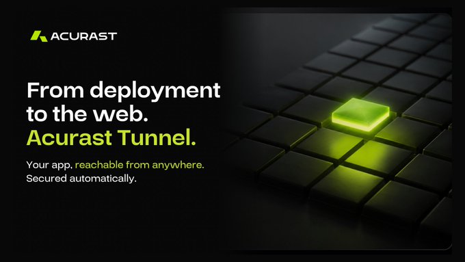 A promotional graphic for Acurast with the headline 'From deployment to the web. Acurast Tunnel. Your app, reachable from anywhere. Secured automatically,' featuring a glowing green tile on a black keyboard.