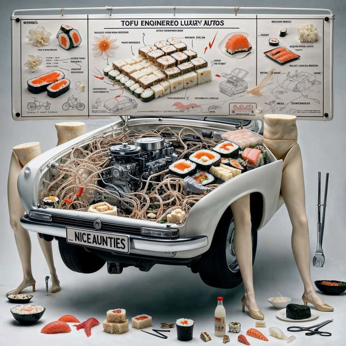 A surreal AI-generated image shows a car with its hood open to reveal an engine filled with sushi and noodles, with the license plate reading 'NICEAUNTIES', topped by a banner reading 'TOFU ENGINEERED LUXURY AUTOS' and flanked by mannequin legs in heels.