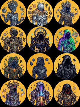 Grid of 12 circular fantasy character illustrations featuring knights, warriors, rogues, and hooded figures in armor against golden backgrounds.