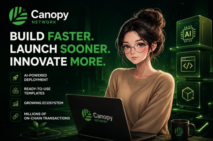 A stylized digital illustration features a woman with glasses and a messy bun working at a Canopy Network-branded laptop, surrounded by floating holographic icons representing AI, code, and 3D cubes. The promotional graphic for Canopy Network (CNPY) displays the tagline "BUILD FASTER. LAUNCH SOONER. INNOVATE MORE." alongside feature highlights including "AI-POWERED DEPLOYMENT," "READY-TO-USE TEMPLATES," "GROWING ECOSYSTEM," and "MILLIONS OF ON-CHAIN TRANSACTIONS." The image visually reinforces the post's message about blockchain infrastructure empowering builders to deploy AI-driven projects quickly.