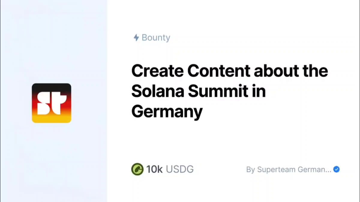 The image displays a post related to creating content about the Solana Summit in Germany. The post has been recently published or shared on social media platforms. The post mentions that the creator has won a contest where they can win $10k in prizes, with a total of 484 submissions and 3 days and 2 hours remaining to submit their entry for judging.