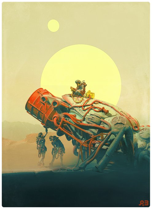 A sci-fi illustration by artist AB shows astronauts examining a large, crashed mechanical structure with glowing orange tubes on a desolate planet under two suns.