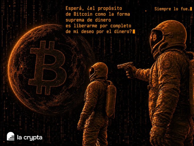 A dark, orange-toned digital artwork from "la crypta" featuring two astronauts—one with a Bitcoin helmet—facing a large Bitcoin planet, with Spanish text discussing Bitcoin's purpose as a form of money.