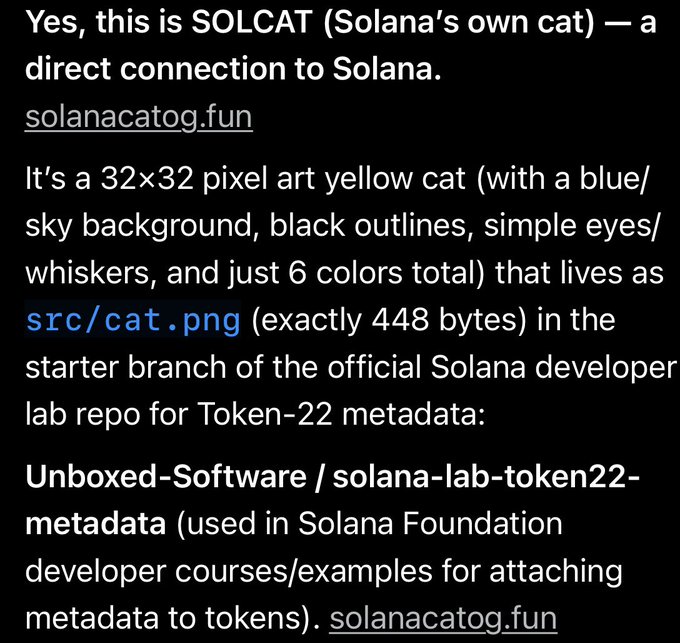 A text post describing SOLCAT as Solana's own cat, a 32x32 pixel art yellow cat stored as src/cat.png in the Unboxed-Software/solana-lab-token22-metadata repository.