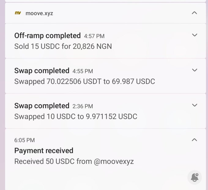 A screenshot of Moove.xyz transaction notifications showing an active day: a 10 USDC bridge, a 70.022506 USDT to 69.987 USDC swap, a 50 USDC payment received from @moovexyz, and an off-ramp of 15 USDC for 20,826 NGN.
