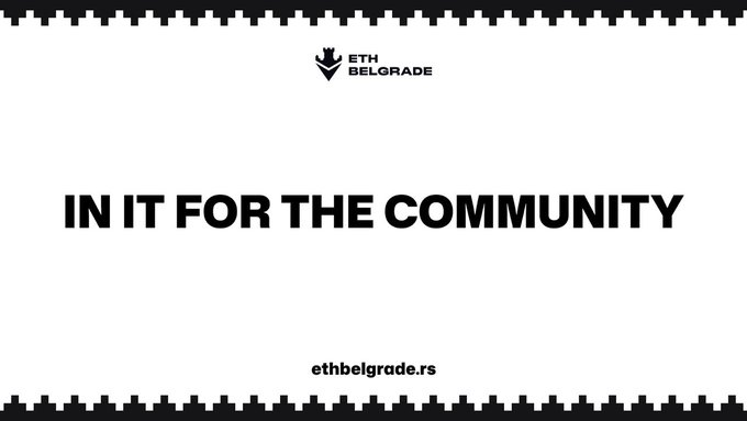 A promotional graphic for ETH Belgrade with a white background and black border, displaying the text 'IN IT FOR THE COMMUNITY' and the website 'ethbelgrade.rs'.