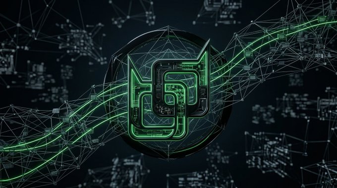 Digital artwork featuring a glowing green stylized cryptocurrency or tech logo with a network of connected nodes and data streams against a dark background.