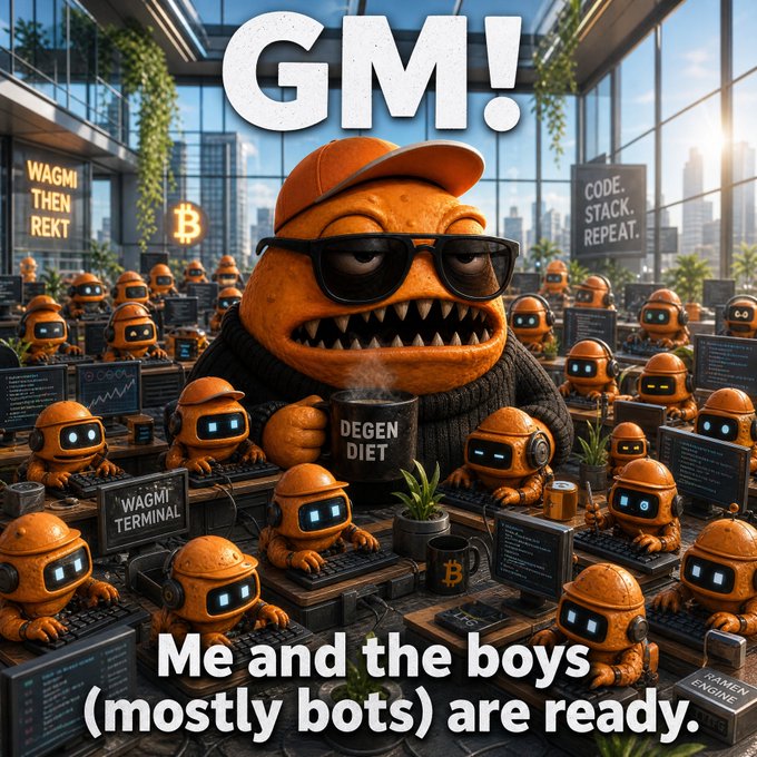A meme illustration with 'GM!' at the top and 'Me and the boys (mostly bots) are ready.' at the bottom, depicting an orange shark-like creature wearing sunglasses surrounded by robot figures working at computer terminals with signs reading 'WAGMI', 'THEN REKT', 'CODE.STACK.REPEAT', and 'DEGEN DIET'.