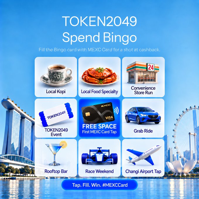A promotional graphic for "TOKEN2049 Spend Bingo" featuring a 3x3 grid of spending categories—including Local Kopi, Local Food Specialty, Convenience Store Run, TOKEN2049 Event, Free Space (first MEXC Card tap), Grab Ride, Rooftop Bar, Race Weekend, and Changi Airport Tap—set against a Singapore skyline with Marina Bay Sands and the Singapore Flyer, with the tagline "Tap. Fill. Win. #MEXCCard" offering cashback rewards tied to MEXC Card purchases during the TOKEN2049 conference.