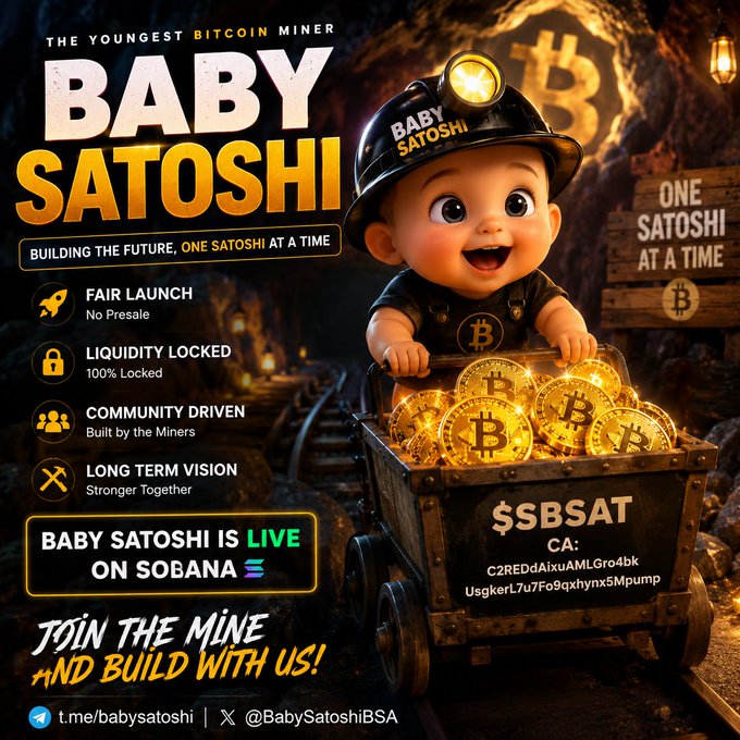 The image features a cartoon baby wearing a hat, sitting inside a train filled with gold Bitcoins. The text above the baby reads "Baby Satoshi live on Solana Community Growing No presale Fair Launch One Satoshi At A Time". Below this, there is a post that says "Day 1 of Baby Satoshi LIVE on Solana Community Growing No presale Fair Launch One Satoshi At A Time #BabySatoshi #SBSAT #Solana #Crypto". The image also includes a link to the post.