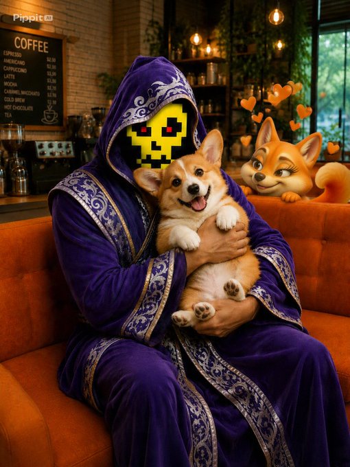 A hooded purple-robed figure with a pixelated yellow skull face and heart-shaped eyes holds a smiling corgi on a couch, with a coffee menu reading "COFFEE" listing espresso, americano, cappuccino, latte, mocha, and other drinks priced $3.50-$5.50 visible on the wall, alongside a winking animated fox peeking from behind with floating hearts—capturing the post's affectionate sentiment toward a loyal pet and the "$DOG" meme coin theme.