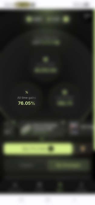 A blurred mobile screenshot displays a trading or investment app dashboard, prominently featuring "All time gains" of **76.05%** in a central card. The image relates to the post about Wefi's Day 163, which highlights the 76.05% all-time profit and the steady +0.37% daily gain.