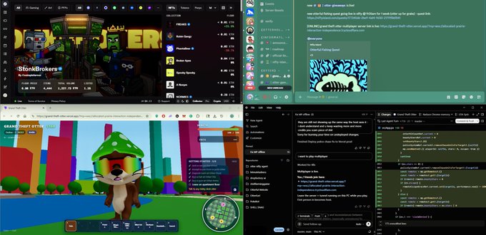 A four-panel split screen showing StonkBrokers gameplay, a Discord chat, a fox character in a colorful world, and code editor windows.