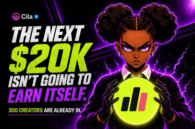 A promotional graphic featuring an anime-style character with glowing purple eyes holding a yellow orb. The text reads: 'THE NEXT $20K ISN'T GOING TO EARN ITSELF. 300 CREATORS ARE ALREADY IN.' with the username 'Cila'.