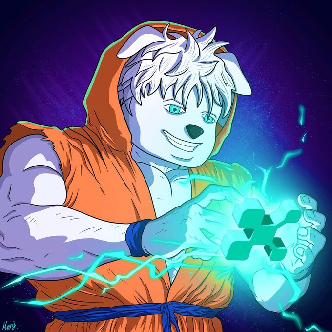 Anime-style digital artwork of a smiling anthropomorphic dog character in an orange hoodie, channeling glowing green energy from the hands.