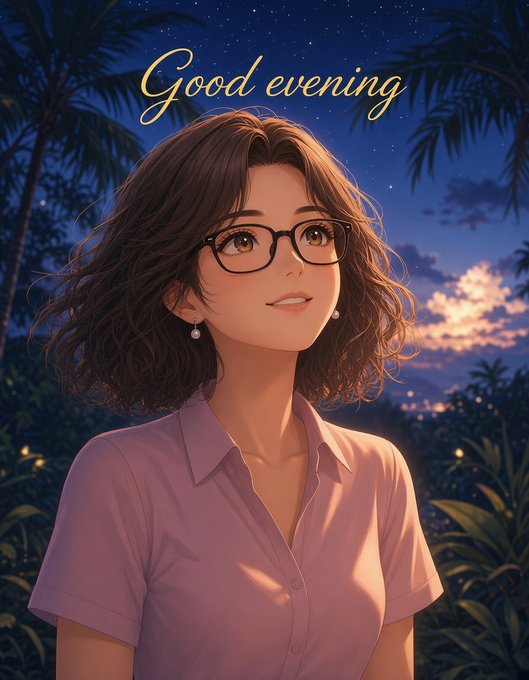 An anime-style illustration of a young woman with glasses and a pink button-up shirt smiling against a starry night sky with palm trees, with the golden cursive text "Good evening" at the top.
