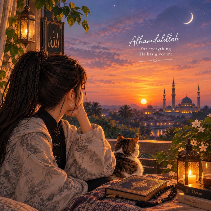 A stylized image shows a woman and a cat looking at a sunset over a mosque, with text that reads 'Alhamdulillah for everything He has given me'.