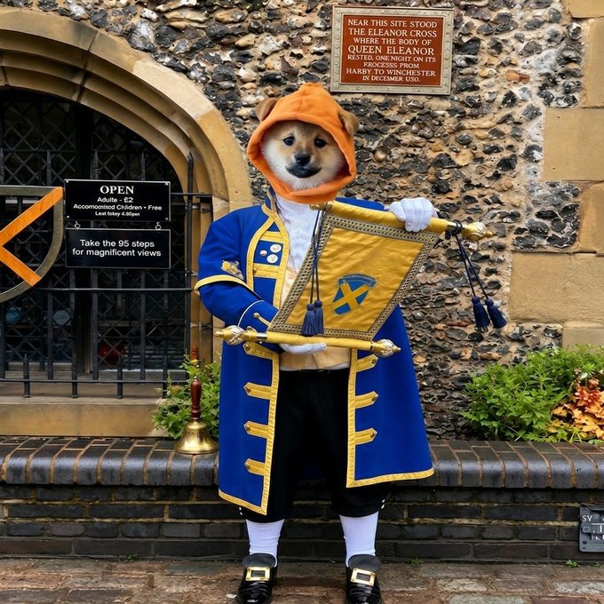A Shiba Inu dog dressed in a blue royal coat and orange hood holds a yellow ceremonial flag in front of a stone building with a sign about 'THE ELE ANOR CROSS' and Queen Eleanor.