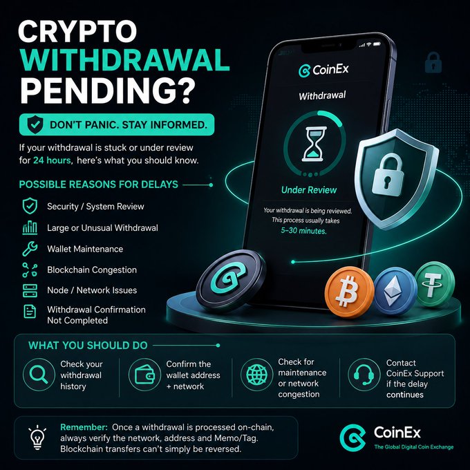 An infographic from CoinEx explaining that a pending crypto withdrawal is under review, listing possible reasons for delays and advising users to check their history, confirm wallet details, and contact support.