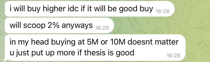 A screenshot of a text message conversation discussing crypto investment strategy, with messages stating "i will buy higher idc if it will be good buy," "will scoop 2% anyways," and "in my head buying at 5M or 10M doesnt matter u just put up more if thesis is good." The post references a conversation with a friend on the $TA (Trump Account Fund) team, illustrating the perspective that entry price matters less than conviction in the thesis, encouraging readers to prioritize project quality over chasing low entry prices.