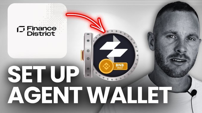 The image is a YouTube thumbnail featuring a man on the right side with the bold text "SET UP AGENT WALLET," alongside the Finance District logo and a BNB Smart Chain vault illustration. It visually promotes Ralph Realm's tutorial on setting up and funding an agent wallet to access regulated RWA yield via the IXS Finance Vault on BNB Smart Chain.