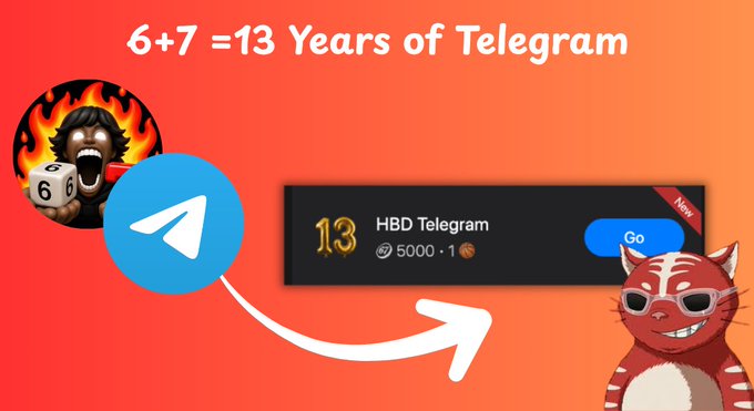 A promotional Telegram graphic titled '6+7 =13 Years of Telegram' featuring the Telegram logo, a dice-rolling meme, and the 'HBD Telegram' sticker (ID: 5000) with a Go button.