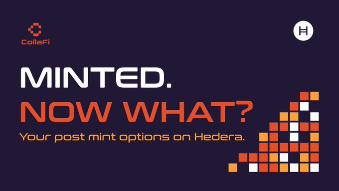 A dark purple graphic with 'ColaFi' logo featuring text 'MINTED. NOW WHAT? Your post mint options on Hedera.' with an orange pixelated chart design.